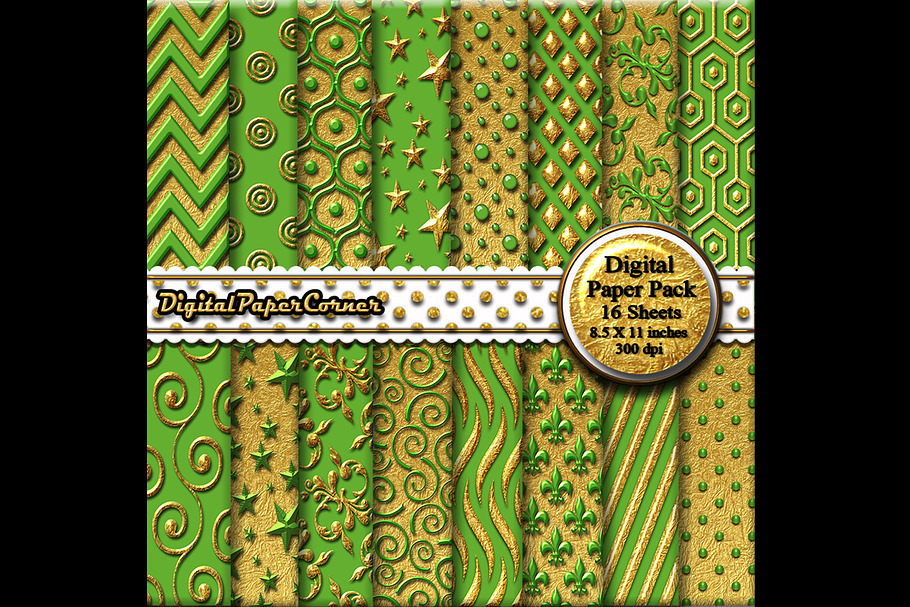 Gold Green Embossed Digtial Paper in Patterns - product preview 8