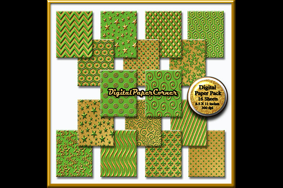 Gold Green Embossed Digtial Paper in Patterns - product preview 1