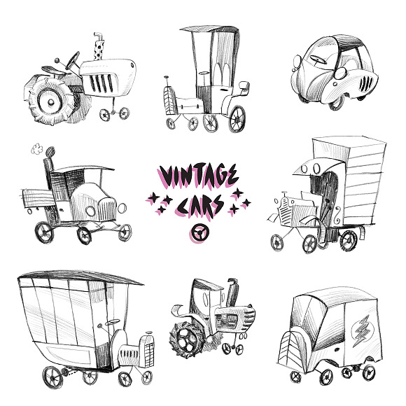 Sketchy vintage cars set in Illustrations - product preview 1