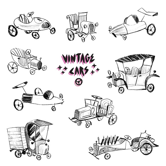 Sketchy vintage cars set in Illustrations - product preview 2