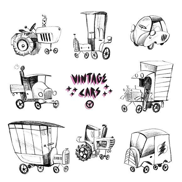 Sketchy vintage cars set in Illustrations - product preview 3