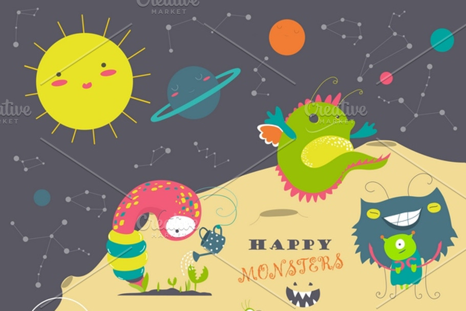 Cartoon monsters and space in Illustrations - product preview 8