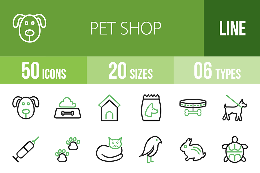50 Pet Shop Line Green & Black Icons in Graphics - product preview 8