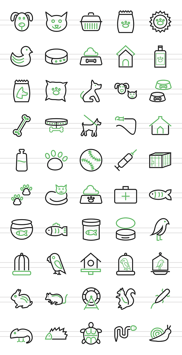 50 Pet Shop Line Green & Black Icons in Graphics - product preview 1