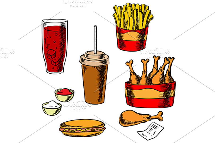 Fast food snacks and drinks set in Graphics - product preview 8