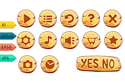 Set of gold round vector buttons.