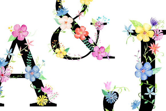 Watercolor Floral Alphabet Black in Illustrations - product preview 1