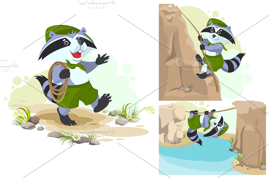 Scout raccoon crossing river on rope