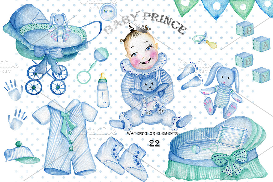 Watercolor Baby Boy elements.  in Illustrations - product preview 8