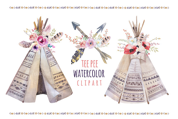 Watercolor boho teepee & bouquets