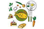 Fresh dinner and snack food icons