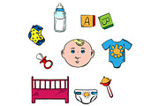 Little boy and childish toys icons