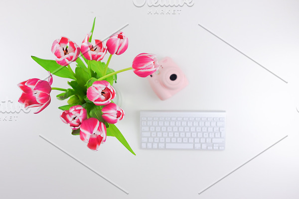 Flowers,Instax,Keyboard. Flatlay