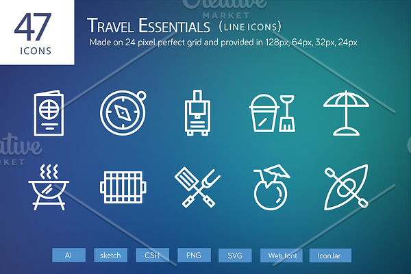 47 Travel Essentials Line Icons