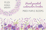 Watercolor border: purple blooms