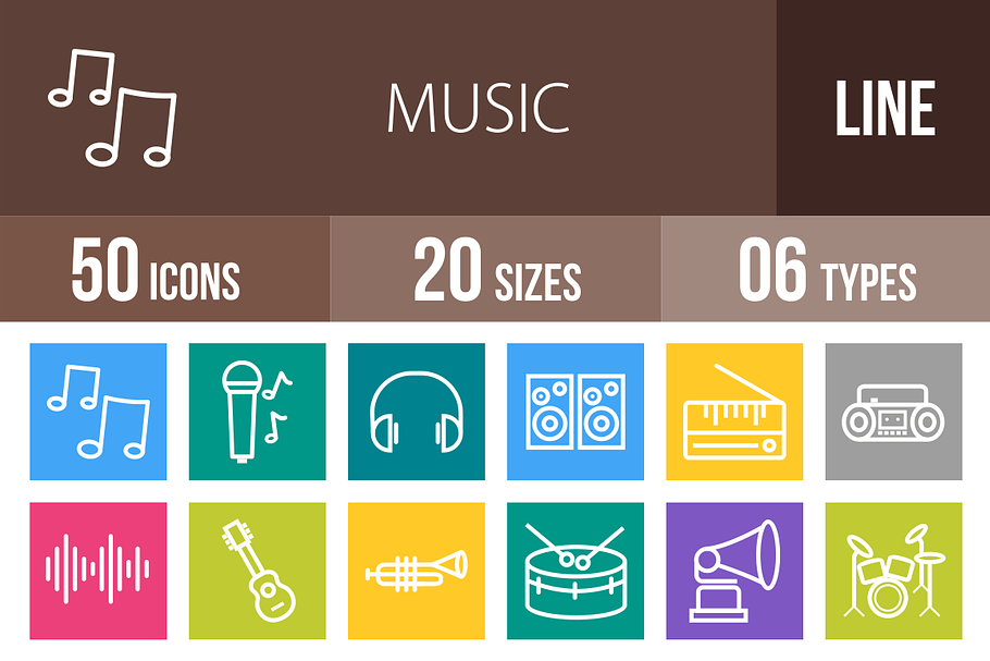 50 Music Line Multicolor Icons