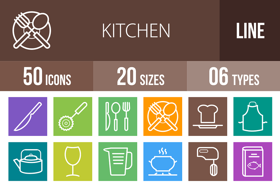 50 Kitchen Line Multicolor Icons