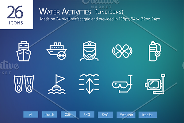 26 Water Activities Line Icons