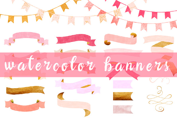 watercolor banners - gold and pink