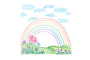 rainbow, landscape, flowers, sketch