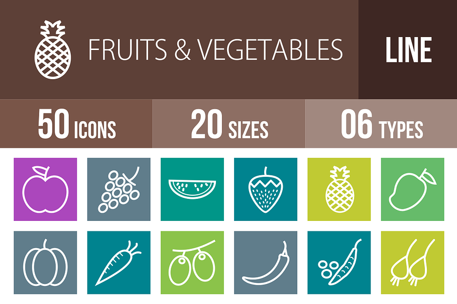 50 Fruits&Vegetables Line Multicolor in Graphics - product preview 8