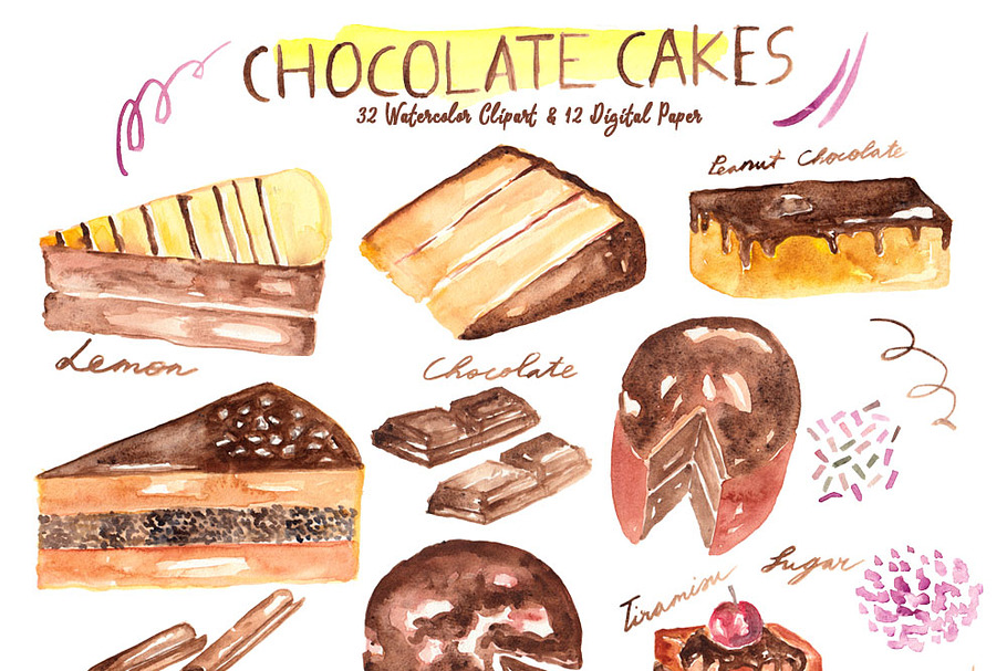 Chocolate Cakes Watercolor 