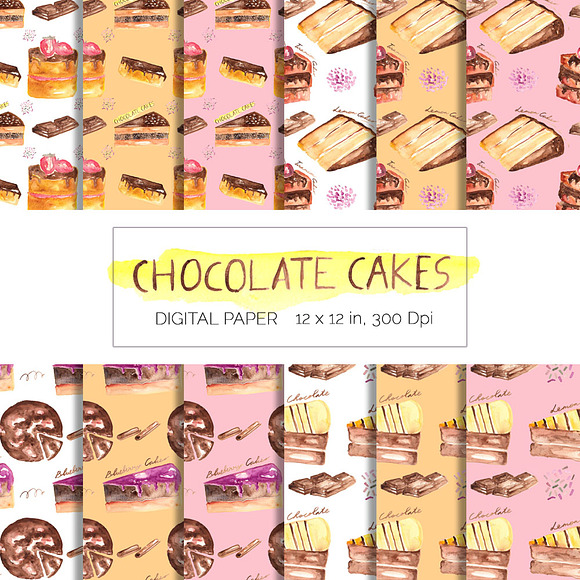 Chocolate Cakes Watercolor  in Illustrations - product preview 1