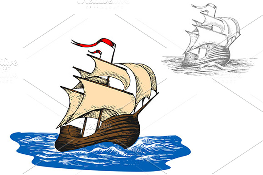 Ancient sail ship in ocean waves in Graphics - product preview 8