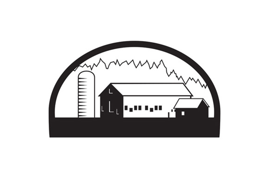 Farm Barn House Silo Black and White in Illustrations - product preview 8