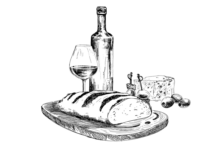 Wine, bread and blue cheese in Illustrations - product preview 8