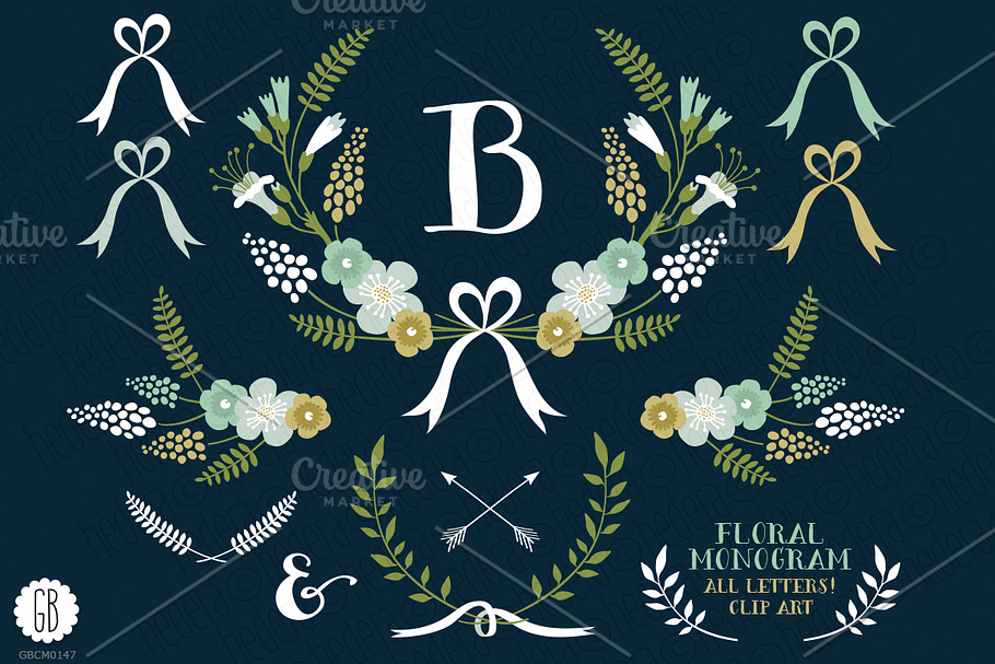 Floral wreaths laurels monogram c75 in Illustrations - product preview 8