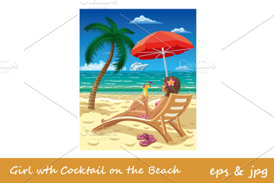 Girl with Cocktail on the Beach in Illustrations - product preview 8