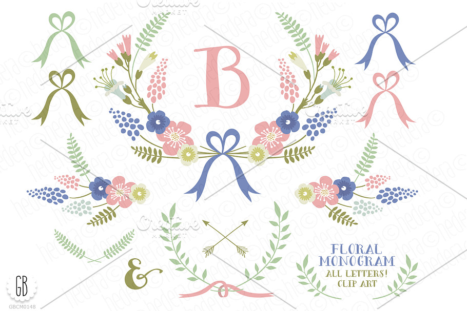 Floral wreaths laurels monogram c74 in Illustrations - product preview 8