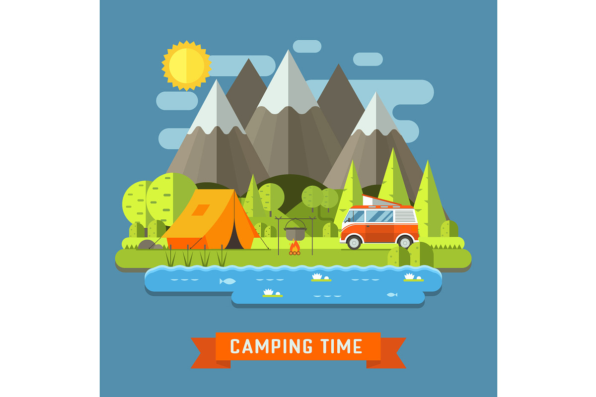 Camping Travel Landscape Flat in Illustrations - product preview 8