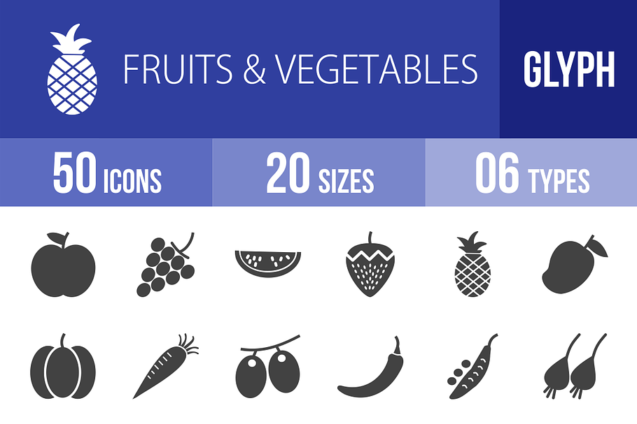 50 Fruits & Vegetables Glyph Icons