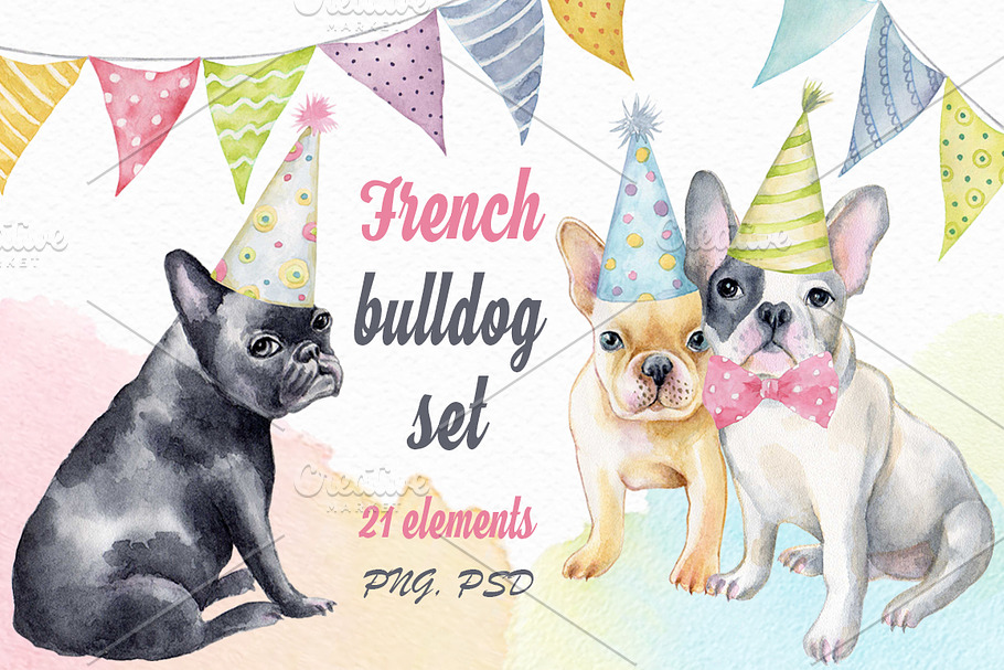 Watercolor Dog. French bulldog set