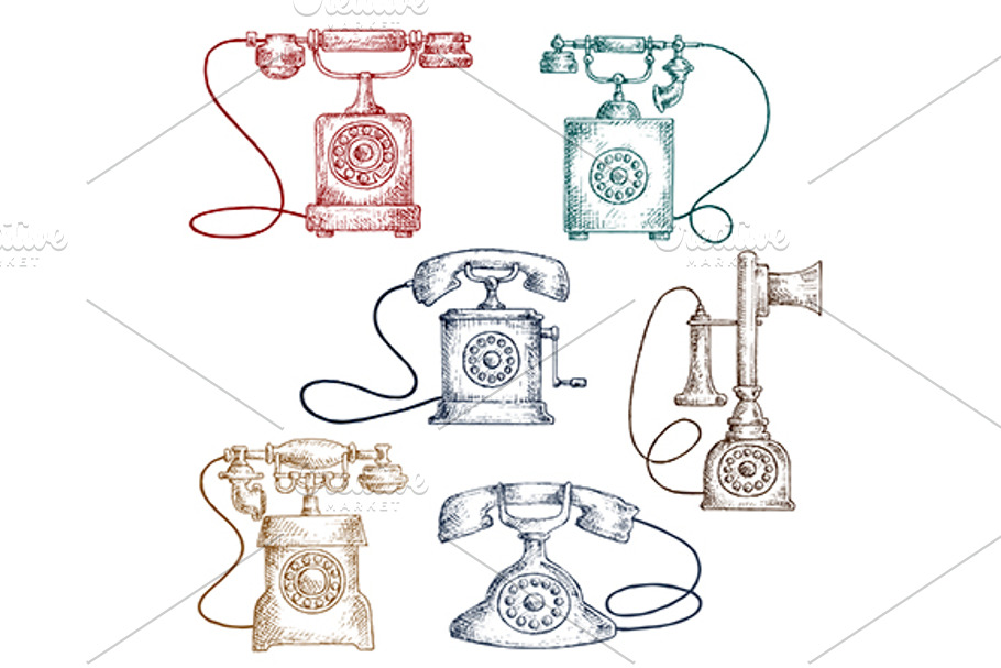 Vintage corded telephones sketches in Graphics - product preview 8