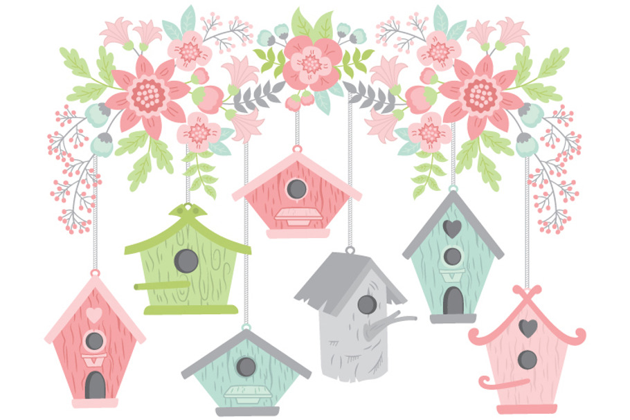 Flowers with Bird Houses 