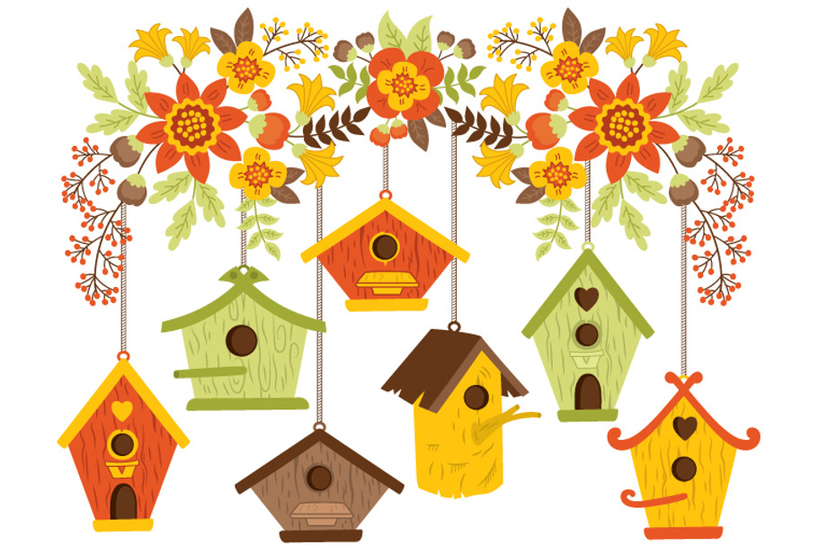 Autumn Flowers with Bird Houses
