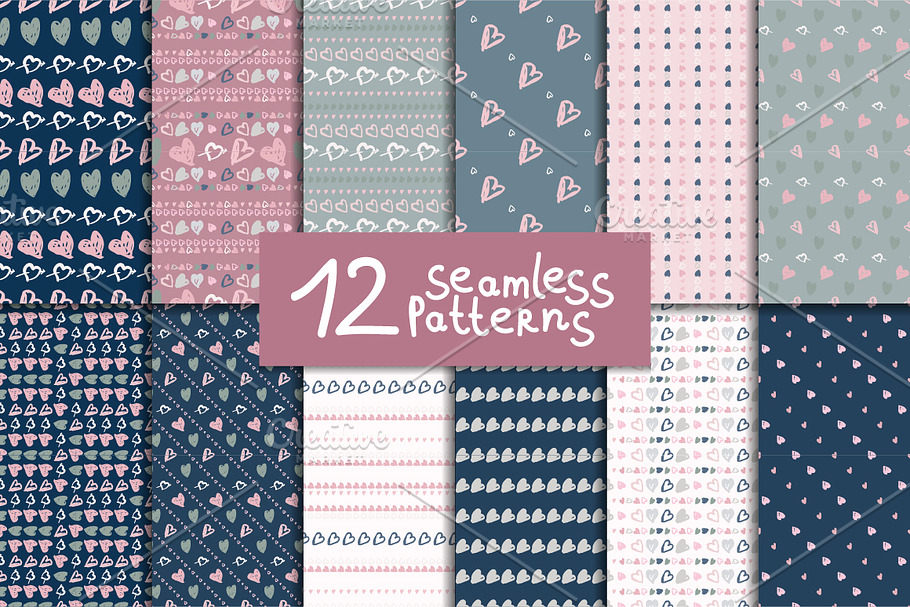 12 seamless patterns. Doodle hearts