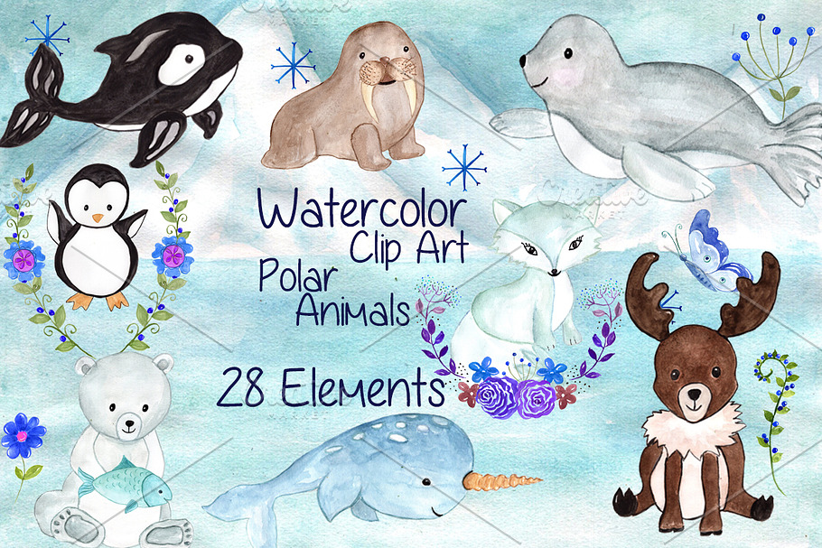 Watercolor polar animals clipart