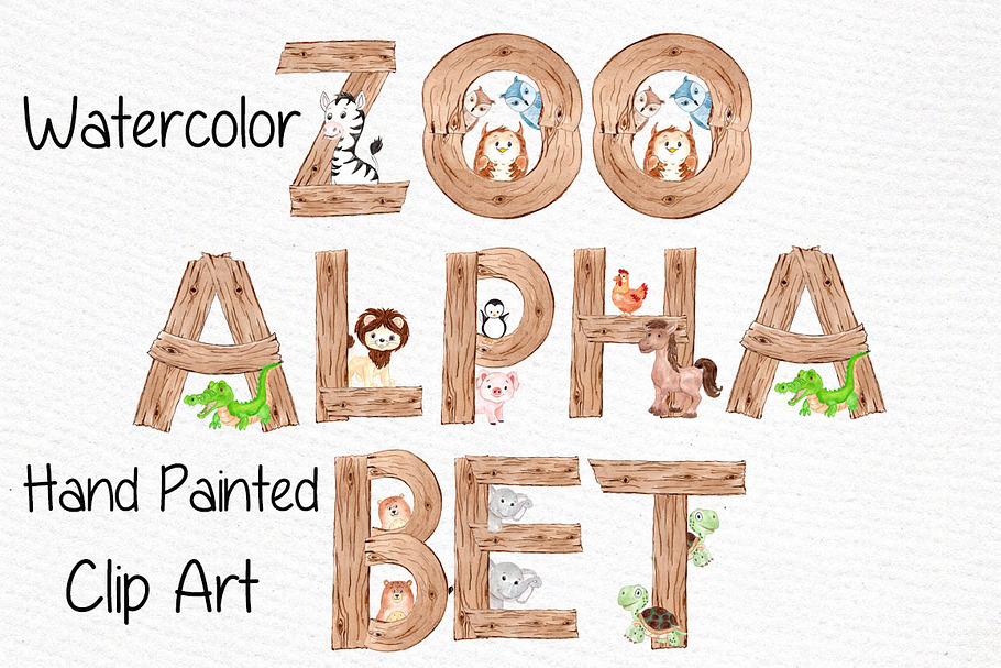 Watercolor animal alphabet clipart