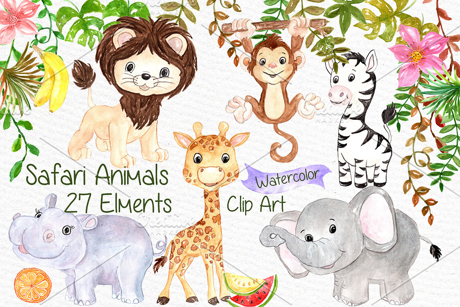 Watercolor Safari animals clipart in Illustrations - product preview 8