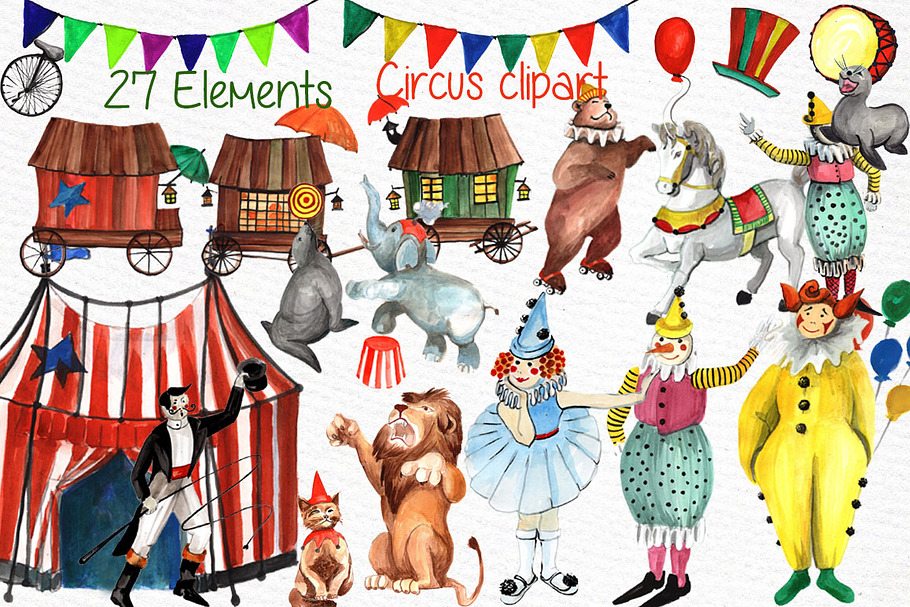 Watercolor circus clipart in Illustrations - product preview 8