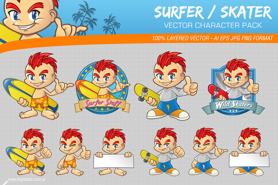 Surfer Skater Character Pack in Illustrations - product preview 8
