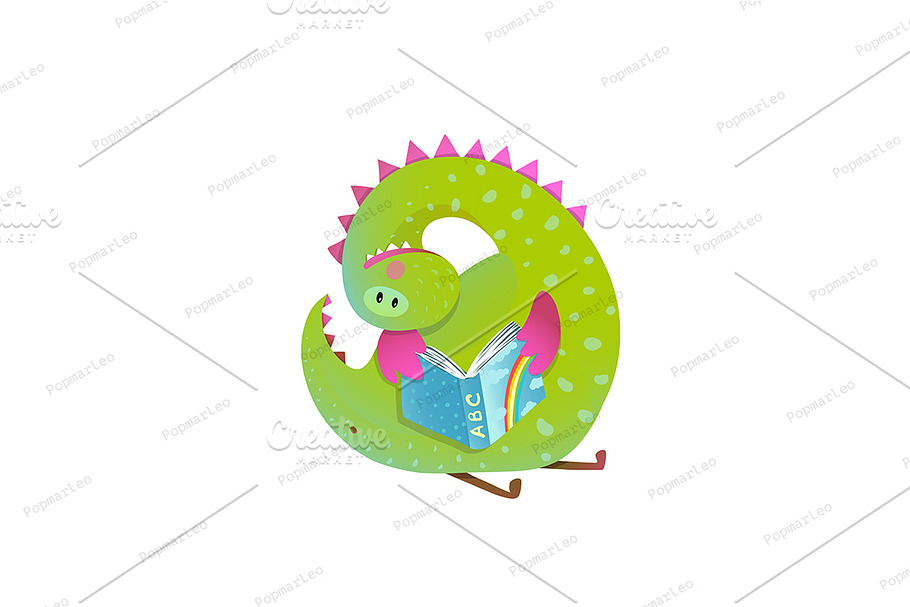 Baby dragon reading book cartoon in Illustrations - product preview 8