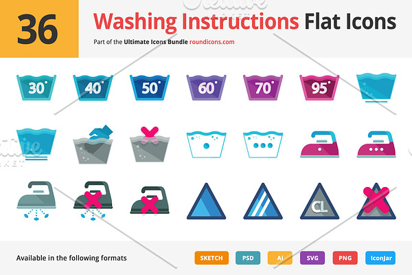 36 Washing Instructions Flat Icons