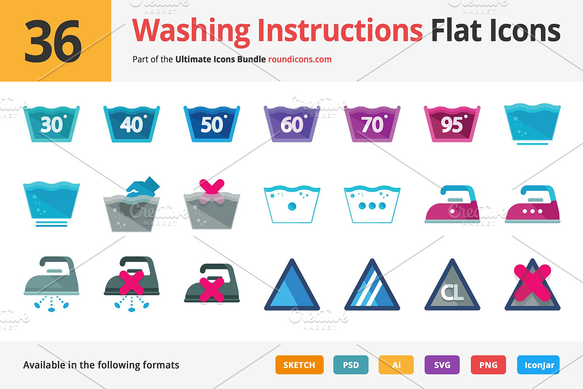 36 Washing Instructions Flat Icons in Graphics - product preview 8