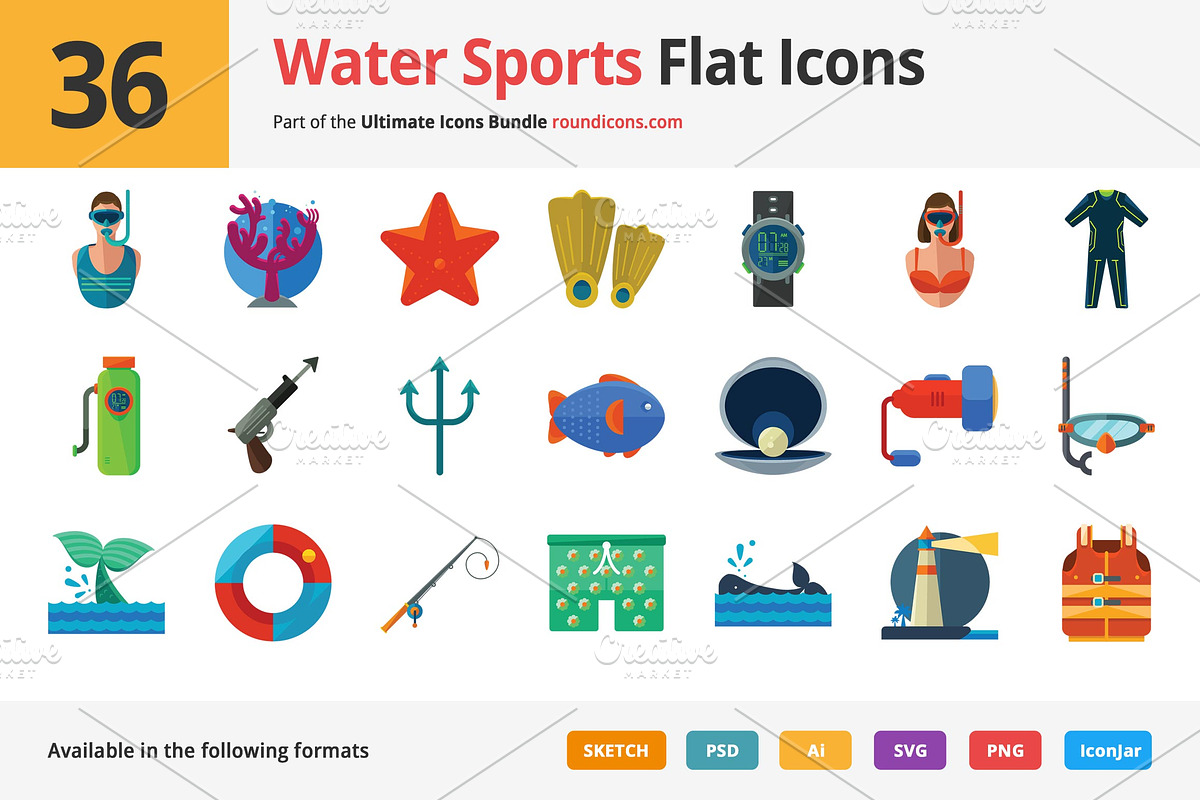 36 Water Sports Flat Icons in Graphics - product preview 8
