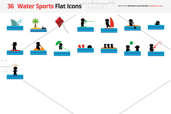 36 Water Sports Flat Icons in Graphics - product preview 1
